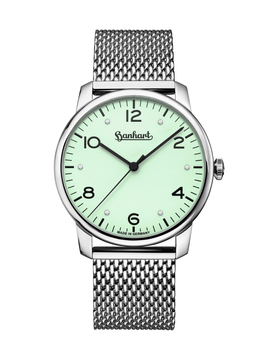 Hanhart horloge Silva Pistachio - pistache groen - milanese zilverkleurige band - 38,5 mm diameter