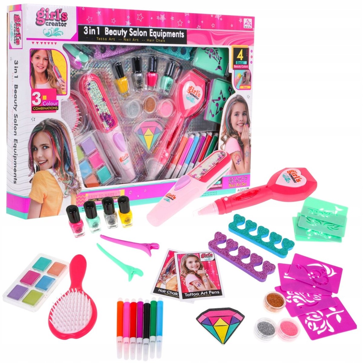 3-in-1 Styling Set: Kleurrijk Haar, Manicure & Tattoos voor Kinderen