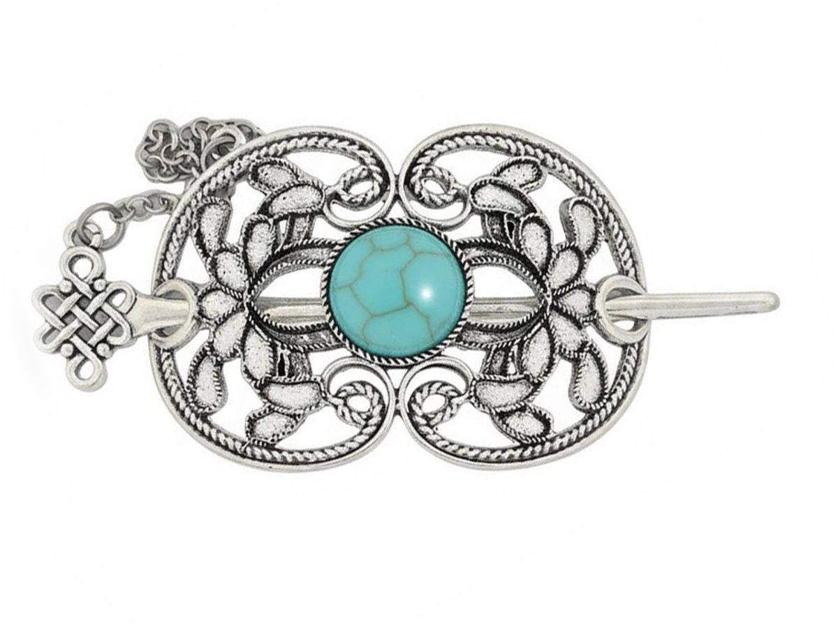 Haarspeld met pin - antiek zilverkleurig - metaal - keltische stijl - open motief - turqoise steen - indianen - country style