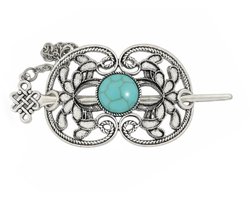 Haarspeld met pin - antiek zilverkleurig - metaal - keltische stijl - open motief - turqoise steen - indianen - country style