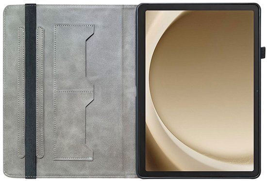 Grijze tablethoes met openingen voor de tablet, kaarthouders en elastische banden.