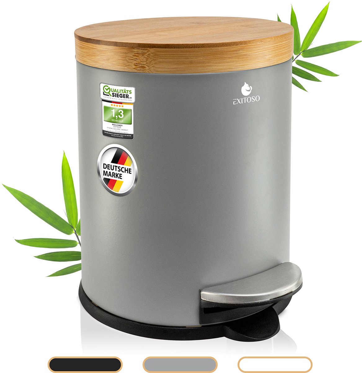 Exitoso Vuilnisemmer 5L Grijs– Cosmetica pedaalemmer met bamboe deksel & softclose – Antislip bodem, roestvrijstalen badkameremmer met modern design