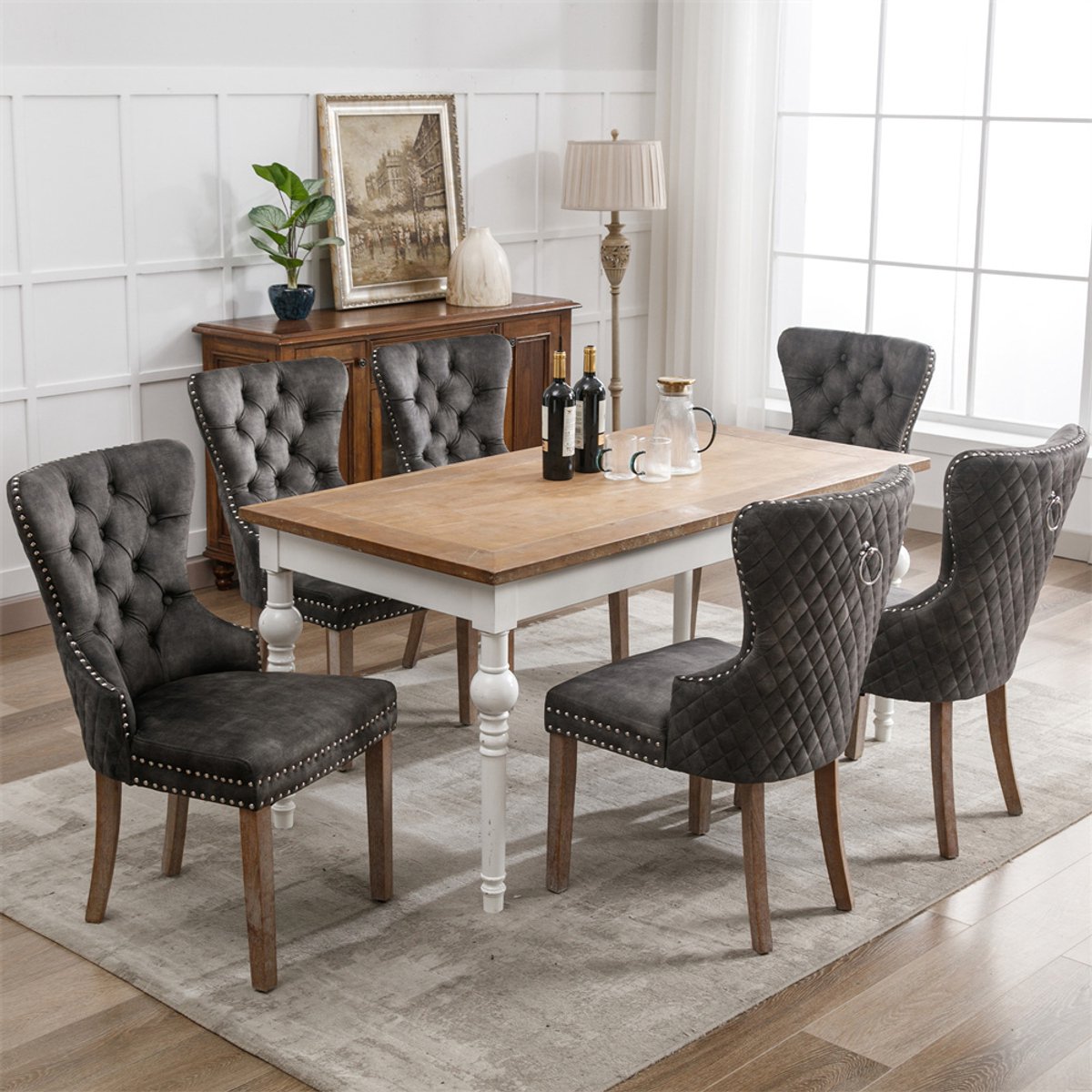 YEHTOKHOME Fluwelen Eetkamerstoelen Set van 6, Keukenstoel Woonkamerstoel met unieke deurklopper op de rugleuning, Gestoffeerde stoel met spijkerkop, Massief houten poten, Velvet bekleding, Grijs