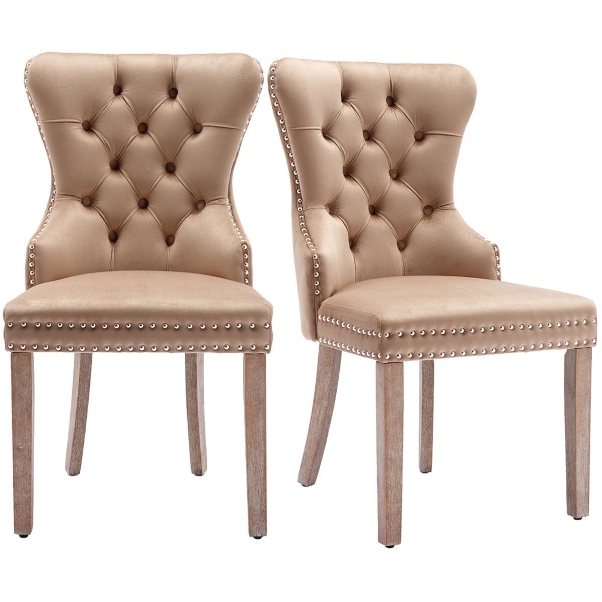 YEHTOKHOME Fluwelen Eetkamerstoelen Set van 2, Keukenstoel Woonkamerstoel met unieke deurklopper op de rugleuning, Gestoffeerde stoel met spijkerkop, Massief houten poten, Velvet bekleding, Bruin