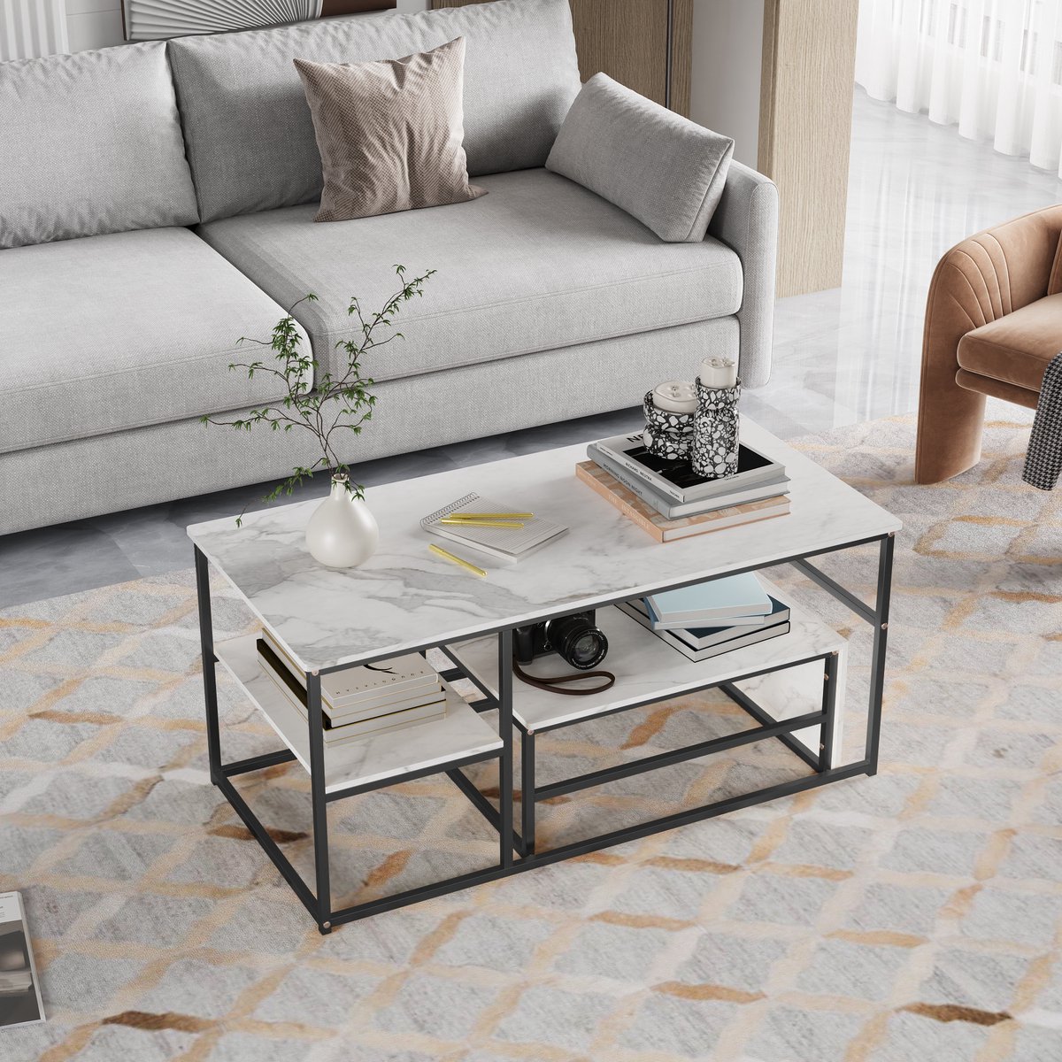 Set van 2 moderne salontafels, stijlvolle bijzettafels met 2-laagse opbergruimte, rechthoekig, met metalen frame, Moderne meubels voor de woonkamer