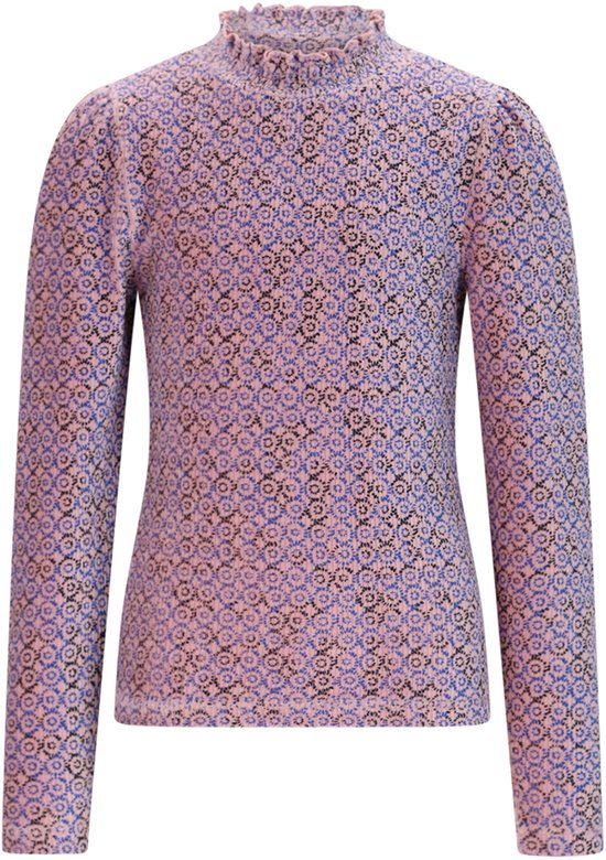 Roze met blauwe en zwarte bloemenprint, hoge hals met ruches, pofmouwen.