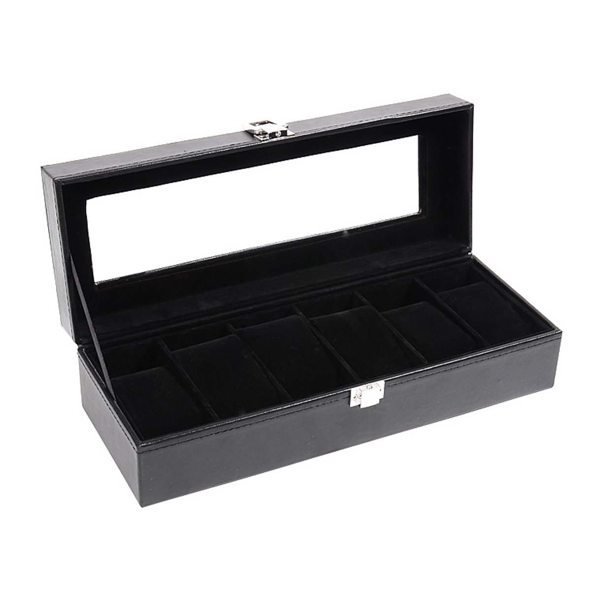 Horlogedoos, horlogedoos met 6 vakken, horloge-opbergdoos, sieraden-opbergdoos met groot glazen deksel, zwarte voering, horloge-displaydoos voor mannen en vrouwen, cadeau