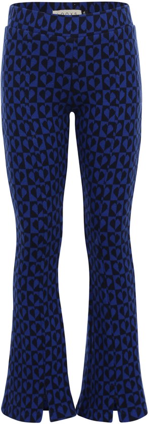 Blauwe, uitlopende meisjesbroek met een patroon van zwarte harten op een ruitjespatroon. Met LOOXS label.