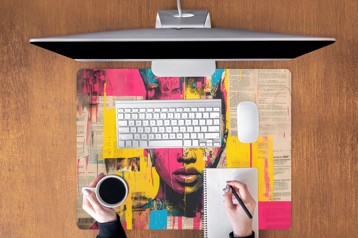 Muismat XXL 80x60 cm - Bureau onderlegger - Bureau mat Vrouwengezicht - Krantenpapier - Abstract - Roze - Bureaumat - Gaming mousepad xl - Bureaulegger groot - Computer deskmat