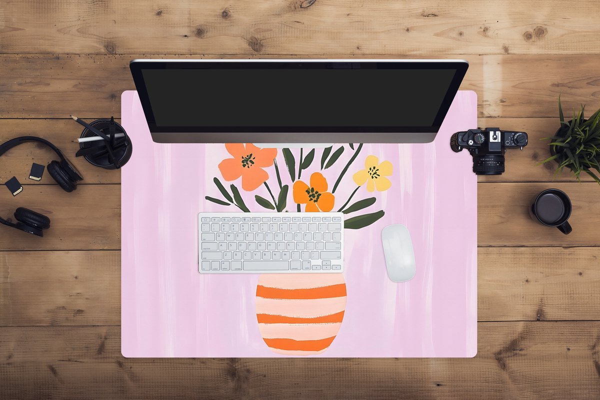 Muismat XXL 80x60 cm - Bureau onderlegger - Bureau mat Vaas - Gestreept - Bloemen - Oranje - Bureaumat - Gaming mousepad xl - Bureaulegger groot - Computer deskmat