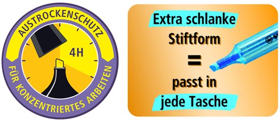 Logo's voor STABILO Swing Cool: 'Austro-dry-out technology' met 4 uur droogloopbeveiliging en 'extra slanke stiftvorm, past in elke tas'.