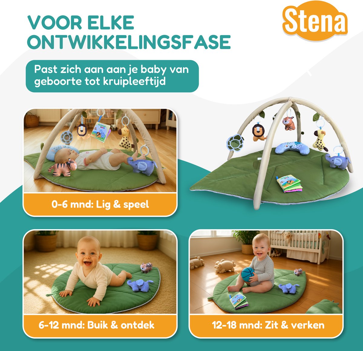 Stena Babygym - Speelkleed Baby met Boog - Jungle - 8 Speeltjes - Speelmat - Trendy Design - 0 tot 18 Maanden — afbeelding 6