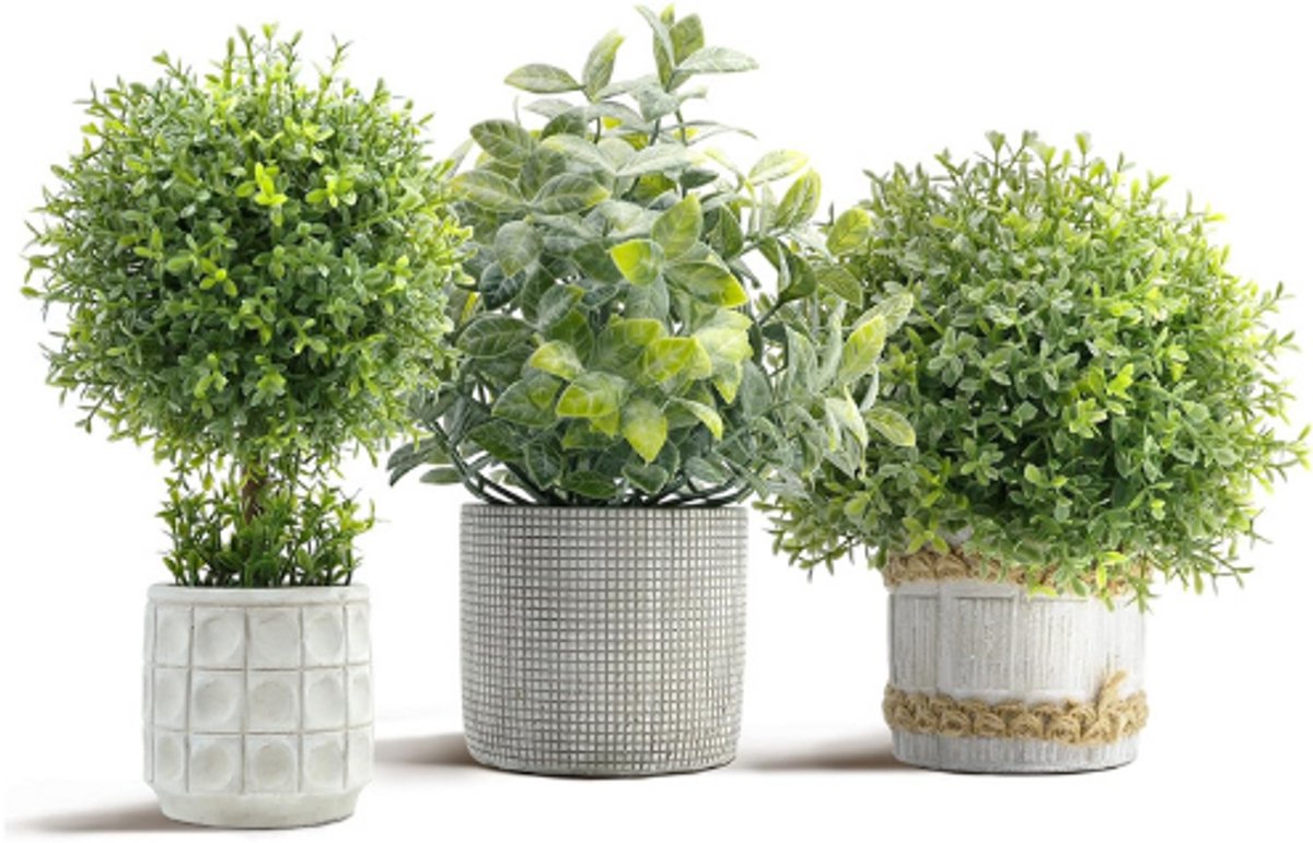 BOG 3 Stuks Kunstbloemen - Kunstplanten - Buxusboom In Betonpotten Voor Woondecoratie - Woonkamer Badkamer Slaapkamer Keuken Tafel Kantoor GROEN
