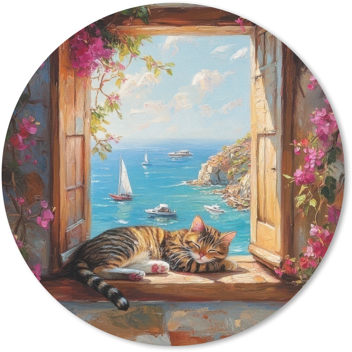 Muismat rond 50x50 cm - Mousepad Kat - Blauwe zee - Roze bloemen - Ronde muismatten