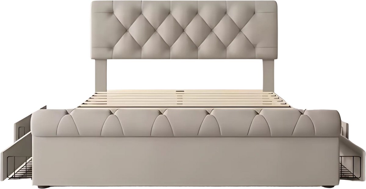 Happiq Bed - Tweepersoonsbedden - Tweepersoonsbed - Twijfelaar - Voor Slaapkamer - Functioneel Tweepersoonsbed met Chesterfield Hoofdeinde & 4 Laden - Inclusief Matras - 140x200cm Beige