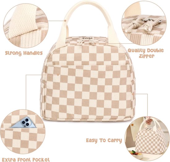 Lunchtas voor mannen en vrouwen, schattige corduroy lunchtas, herbruikbare geïsoleerde lunchbox, grote inhoud, herbruikbare geïsoleerde koelbox voor werk, picknicks of reizen, beige en bruin geruit van FlowFly — afbeelding 5