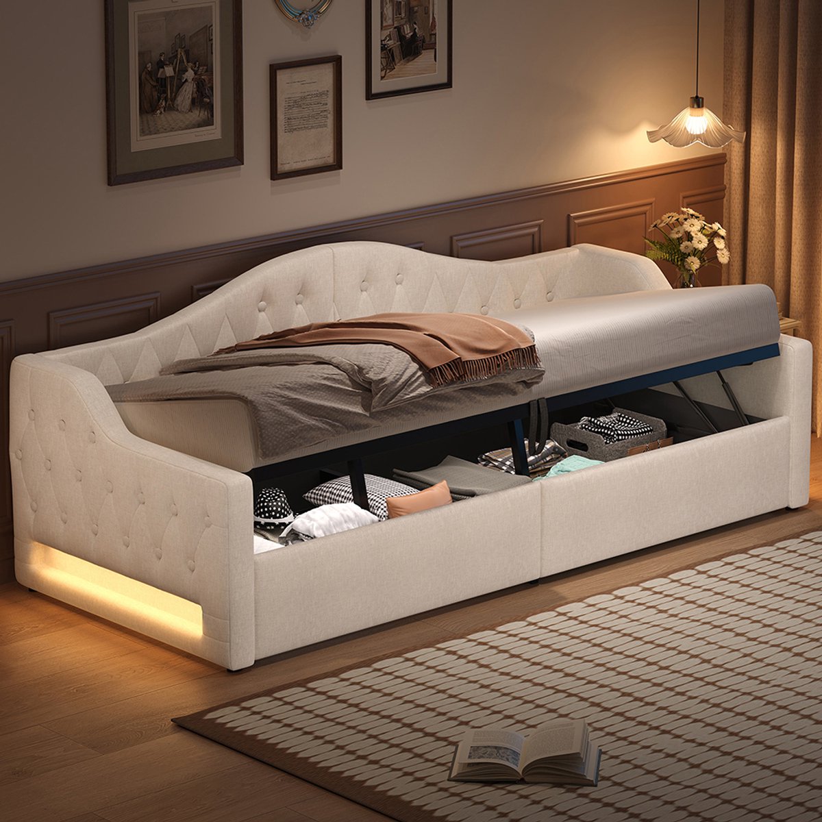 Komhtom Gestoffeerd rustbed 90x200 met ledstrip en opbergruimte eronder, beige