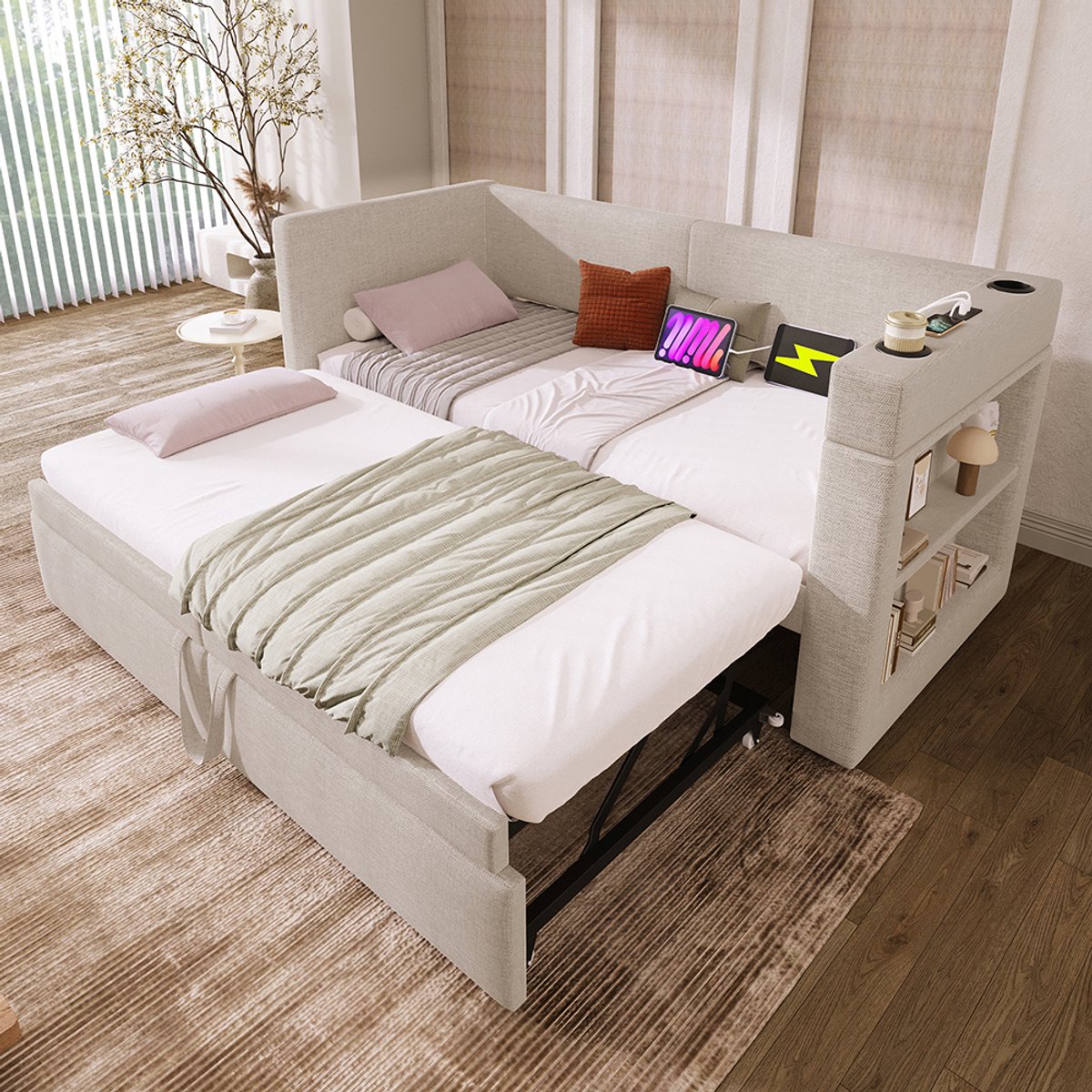 Komhtom Gepolsterde rustbank 90 x 200 cm, eenpersoonsslaapbank met uitschuifbaar bed, armleuningen met USB- en Type-C-oplaadpoorten en bekerhouders, gemengd linnen, beige, zonder matras.