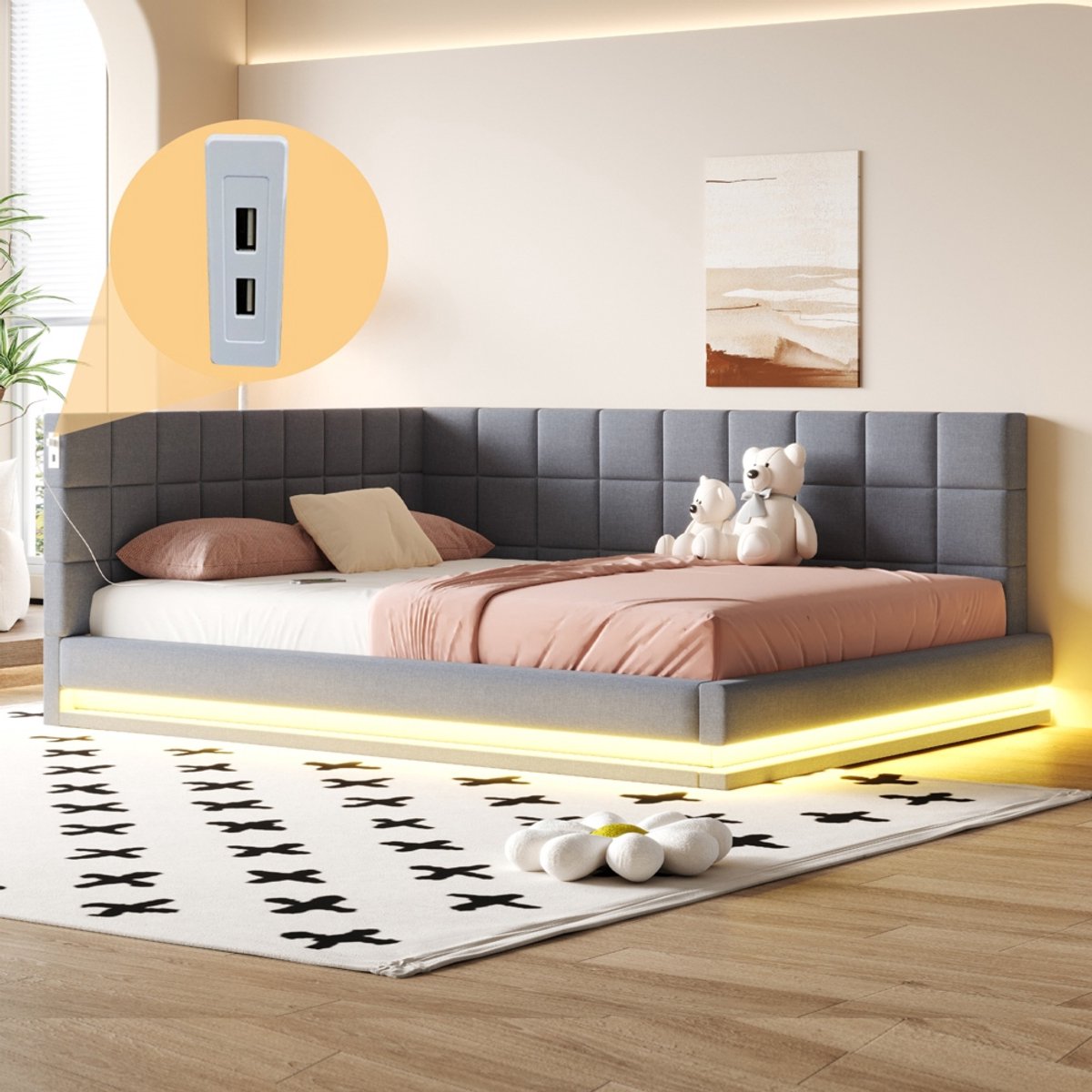 Komhtom Gestoffeerd bed Bankbed 160*200 Multifunctioneel bed met led-lichtstrip, USB-aansluiting en lattenbodem, aangenaam aanvoelende fluweelstof, grijs