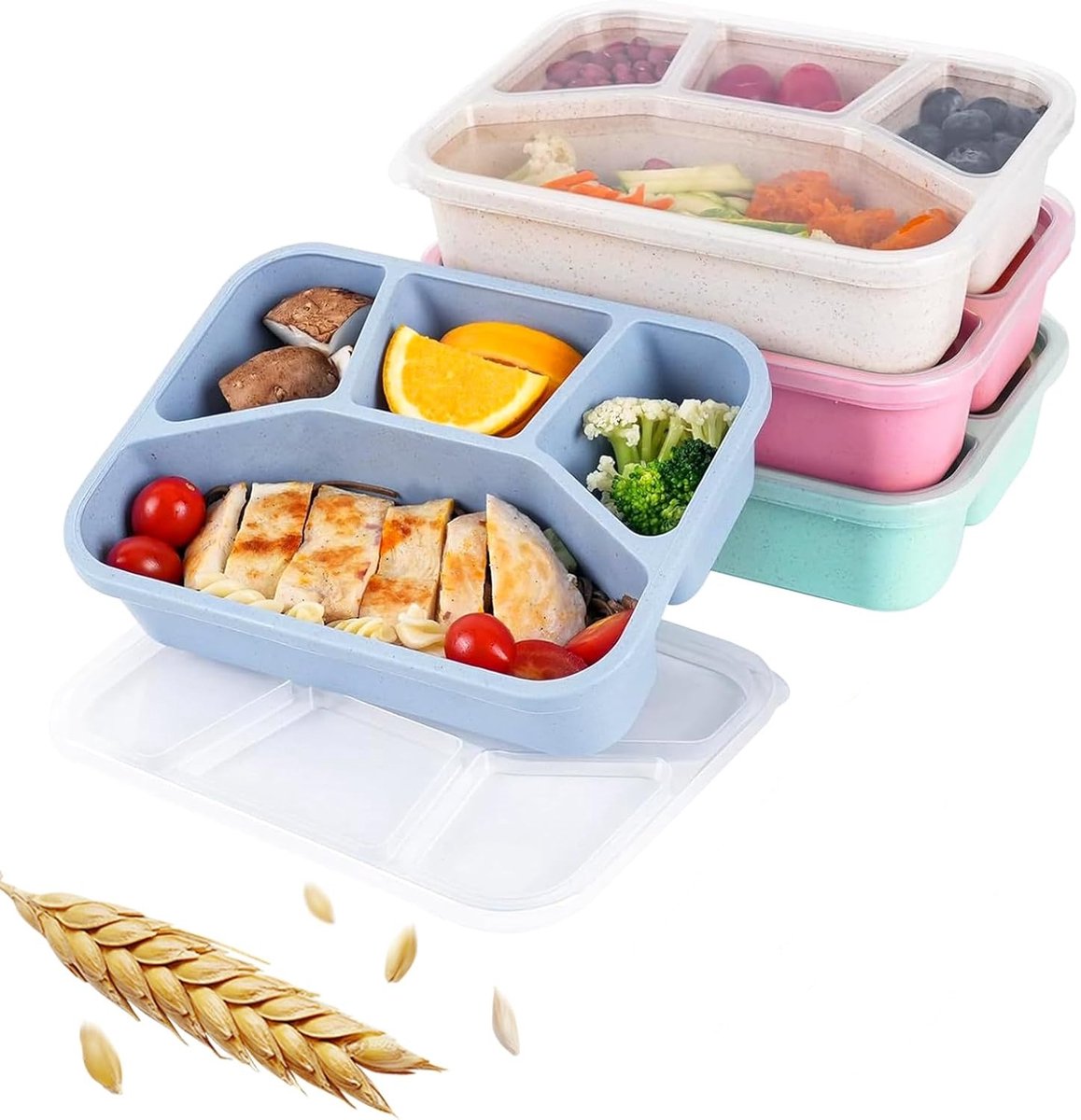 Bento Box Set van 4 – Lunchboxen met 4 Compartimenten – BPA-vrij & Magnetronbestendig – Stapelbaar & Draagbaar – Meerkleurig