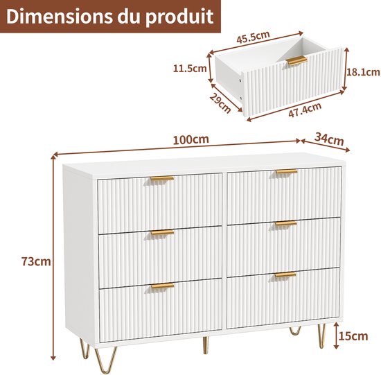 Ladekast Met 6 Laden - Houten Opbergmeubel - Metalen Handgrepen En Poten Wit 120x40x77cm