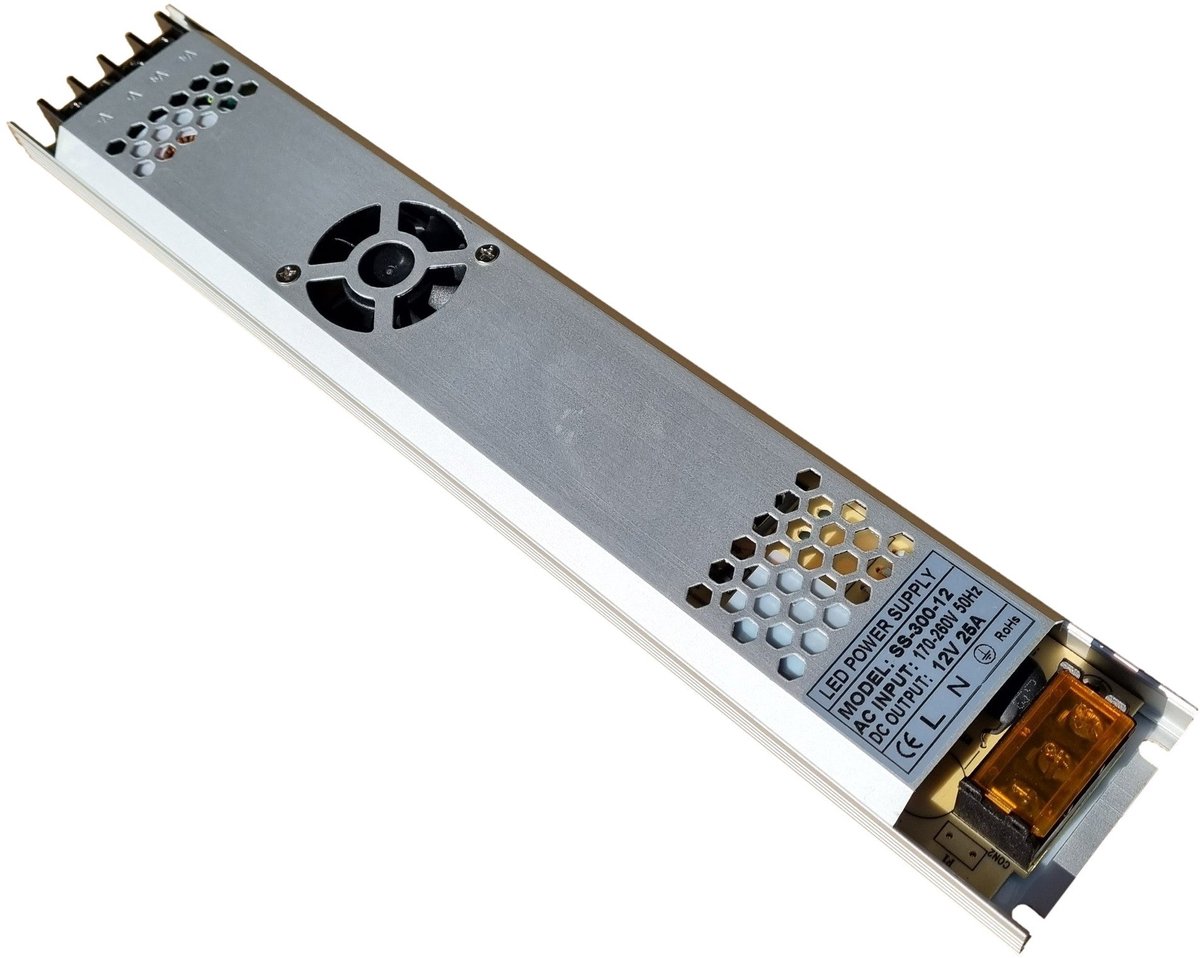 LED driver 12 Volt DC - 25A | 300 Watt + geforceerde koeling | plat/slank/dun 308 x 53 x 22 mm | IP20 - binnenshuis