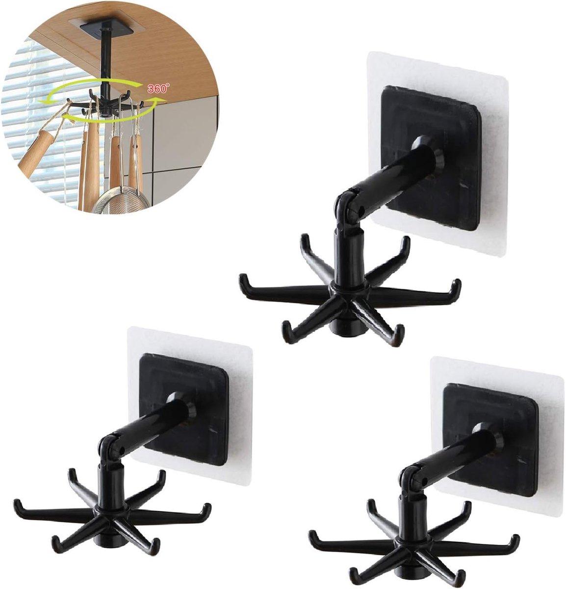 360° Draaibare Wandhaken – Zelfklevende Ophangrail met 6 Haken – Set van 3 – Ruimtebesparende Organizer voor Keuken, Badkamer & Meer – ABS Materiaal, Zwart