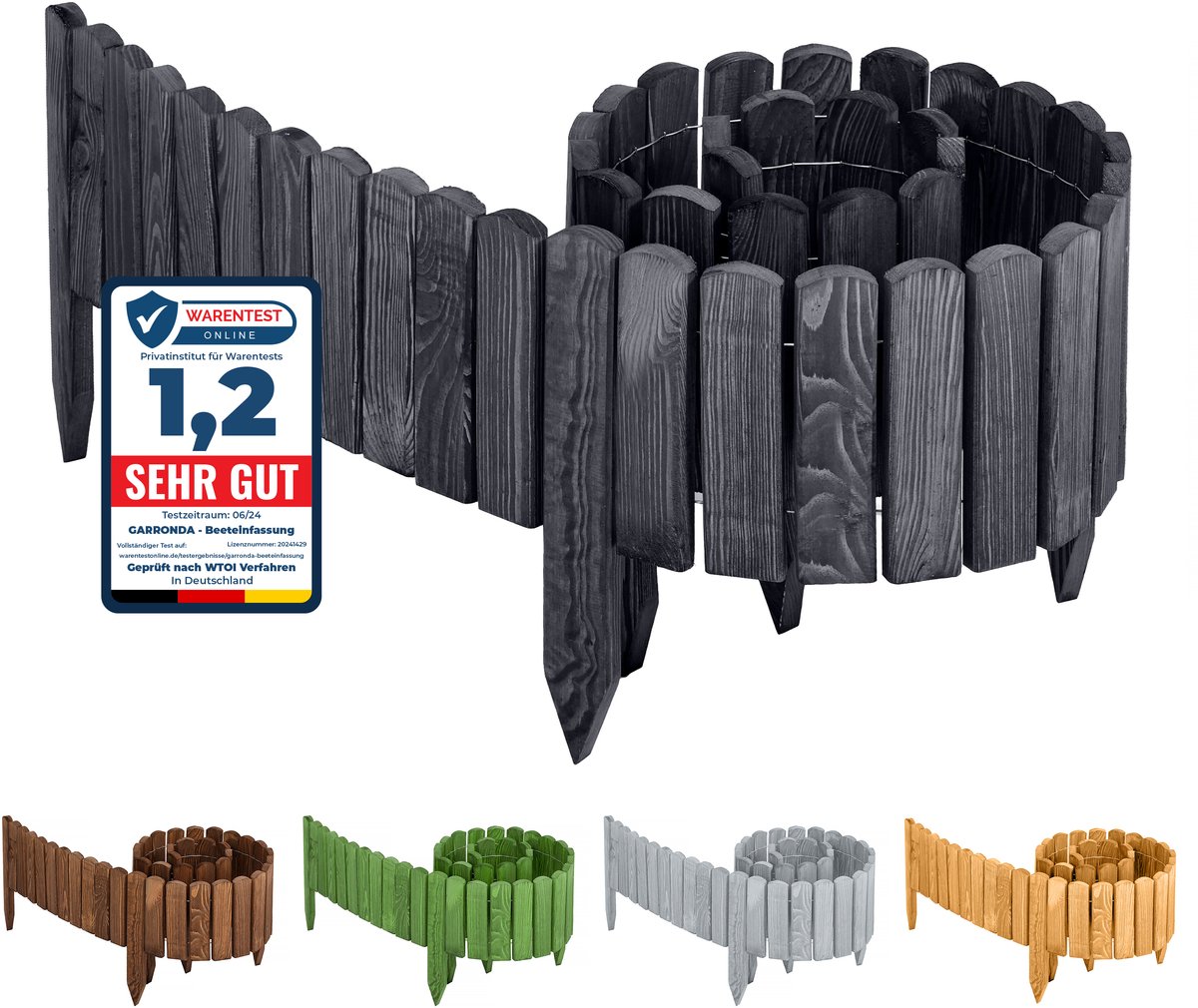 Garronda Rollborder - Flexibele houten - Gazonafscheiding - Palissade padenafscheiding - kan worden ingekort - Grafiet - Hoogte: 30 cm, hekje 200 cm
