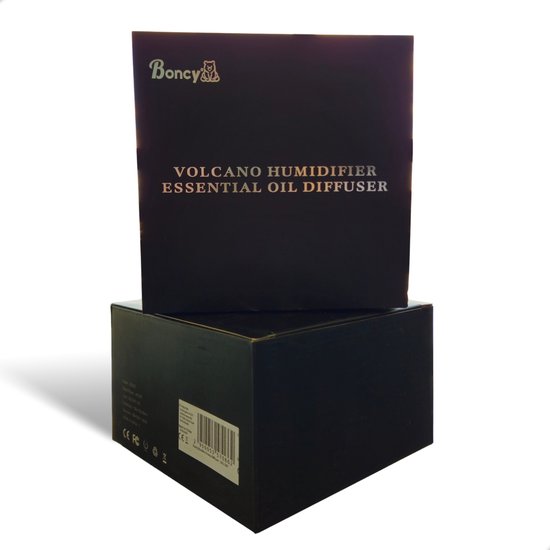 Zwarte Boncy verpakking met de tekst "VOLCANO HUMIDIFIER ESSENTIAL OIL DIFFUSER".