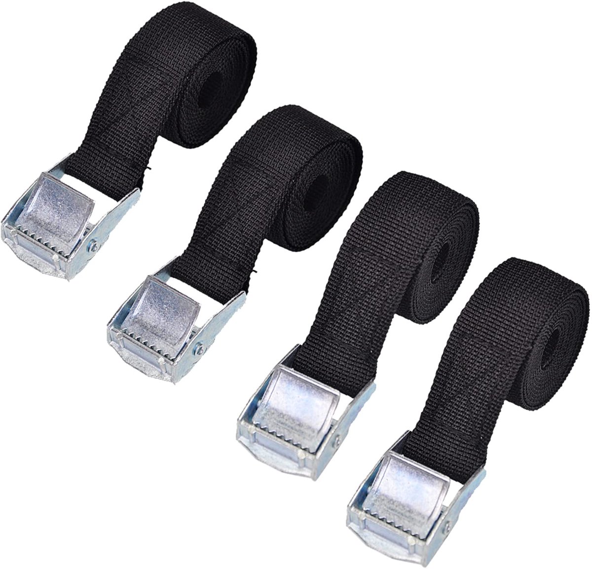 4 stuks Korte Spanbanden - Met ratel en klemgesp - Voor motor, fietsendrager, bagage en camping - Zwart - 2x 1 meter, 2x 1.5 meter