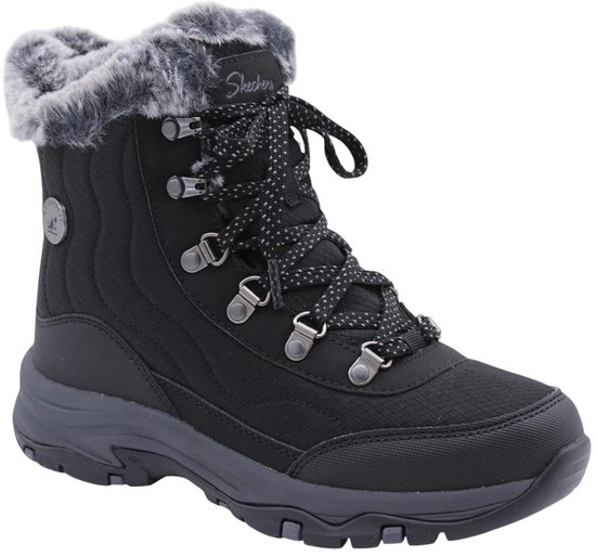 Zwarte winterlaars met grijze bontrand, veters, v-patroon en rond logo.