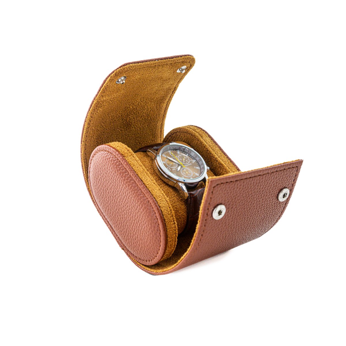 Bruine Lederen Horlogekoker - Handgemaakt Horloge Etui - Watch Roll voor 1 Horloge - Horlogeopslag met Kliksluiting - Trove