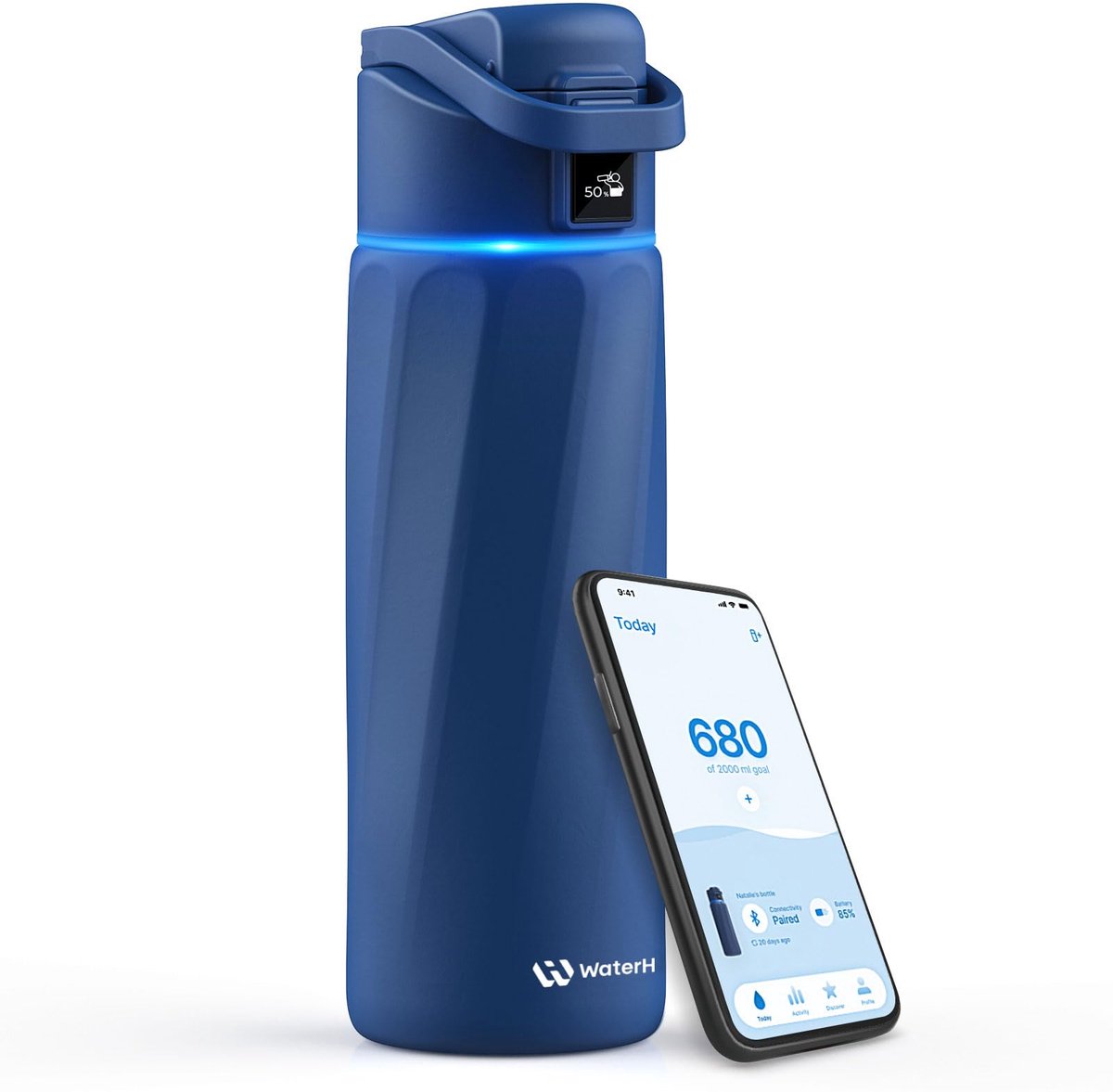 WaterH BOOST - Slimme Waterfles met Herinnering om Water te Drinken & Water Tracker Fles - Dubbelwandige stalen drinkfles - Wijde opening - 710ml - Magnetite Blue