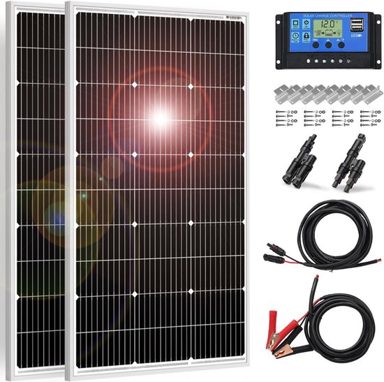 MMM® Zonnepanelen Compleet Pakket 2 stuks - Zonnepanelen - Zonnepanelen met Stekker - 100W 18V Monokristallijn - 200W voor Accu 12V