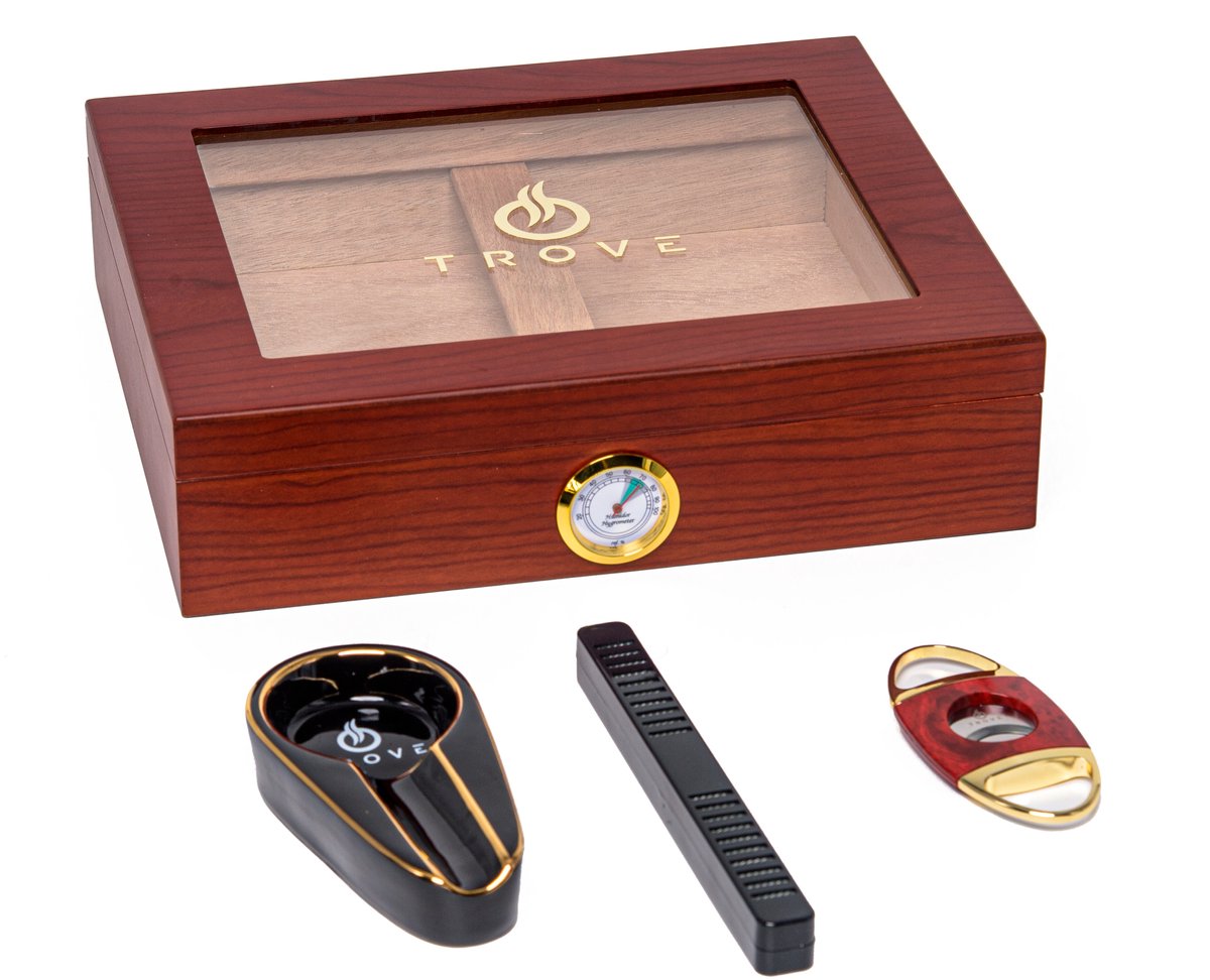 Trove Sigaren Humidor Set - sigaren knipper & asbak - Inclusief Luchtbevochtiger en Hygrometer - rood Cederhouten