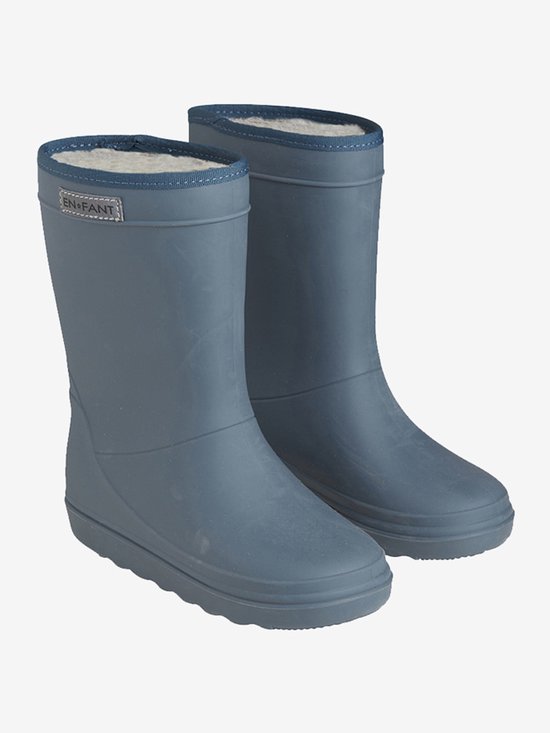 Paar donkerblauwe EN FANT thermolaarzen met lichte binnenvoering en opvallend EN FANT label.