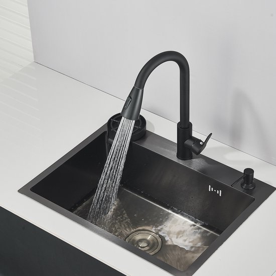 Cecipa Max Grijze Keukenspoelbak Met Afdruipvlak 78x45cm Zwarte Zeepdispenser 300ml