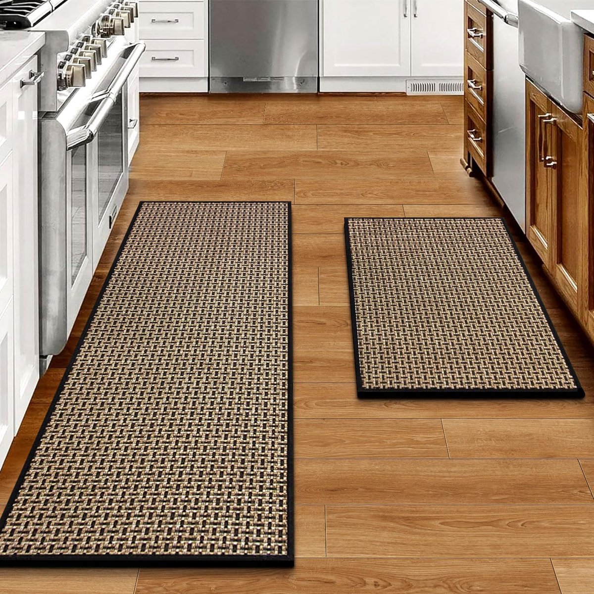 Keukenmatten en antislip wasbare set van 2, absorberende keukenmatten voor de gootsteen, keukenmat, 44 x 119 cm + 44 x 74 cm (zwart)