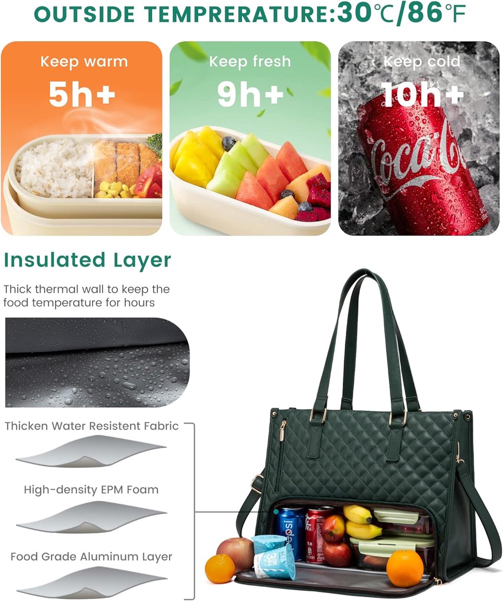 Lunch Tas, 2-in-1 Lunch Tas Handtas Combinatie, 15,6-inch Handtas Met Geïsoleerde Lunch Kamer, Lunch Tas, Vrouwen Koeltas, School Kantoor Isolatie Tas (Donkergroen) — cadeau in Koken & Dineren - foto 3