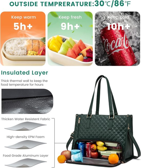 Lunch Tas, 2-in-1 Lunch Tas Handtas Combinatie, 15,6-inch Handtas Met Geïsoleerde Lunch Kamer, Lunch Tas, Vrouwen Koeltas, School Kantoor Isolatie Tas (groen) van Tiblue — afbeelding 3