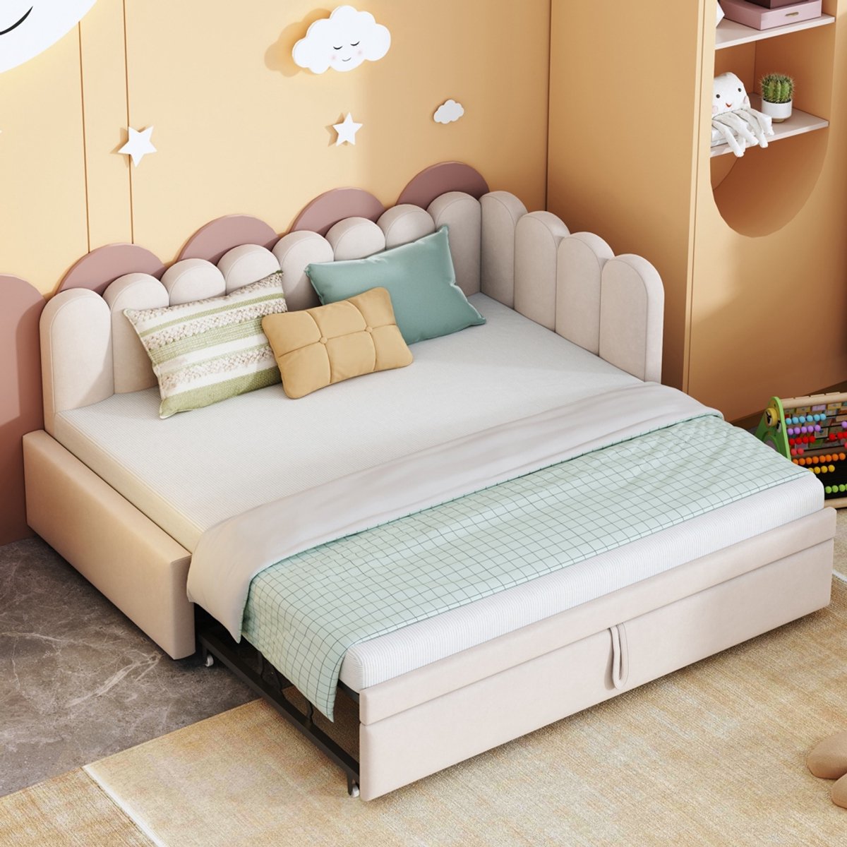 Komhtom Multifunctionele 2-in-1 slaapbank in L-vorm (90/180 x 200 cm), gestoffeerd bed in beige fluweel Ruimtebesparend ontwerp Kan worden gebruikt als kinderbed of logeerbed.