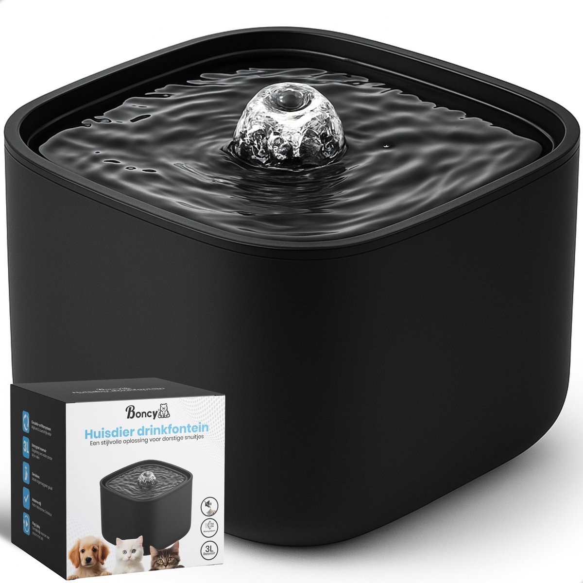 Boncy® Luxe Drinkfontein Kat & Hond - Waterfontein met Stille Pomp - XL Reservoir 3,0L - Automatisch Circulatie Filter - Kattenfontein Zwart - drinkfonteinen - Katten fontein drinkbak - waterdispenser