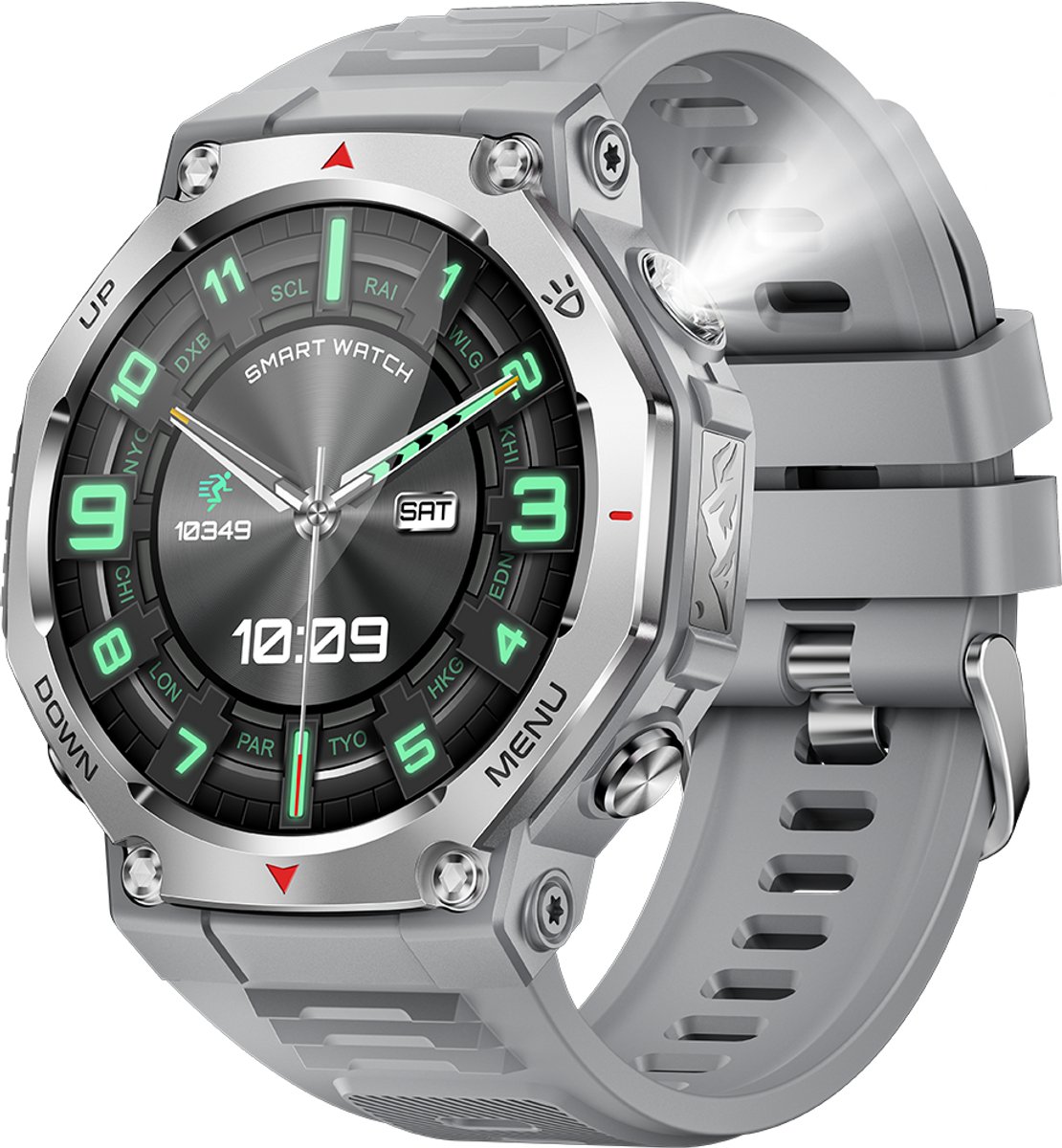 Knobbout 1.43” Scherm AMOLED Smartwatch – 466×466 HD Scherm – 5ATM Waterdicht (tot 50m) – LED Zaklamp + UV-Licht + SOS Noodflits – Bluetooth Bellen – 525mAh Lange Batterijduur – Outdoor & Sporthorloge voor Android/iOS-Grijs