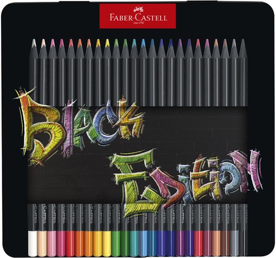 Zwart etui met 36 kleurpennen, met 'Black Edition' graffiti en een rij kleurpotloden.