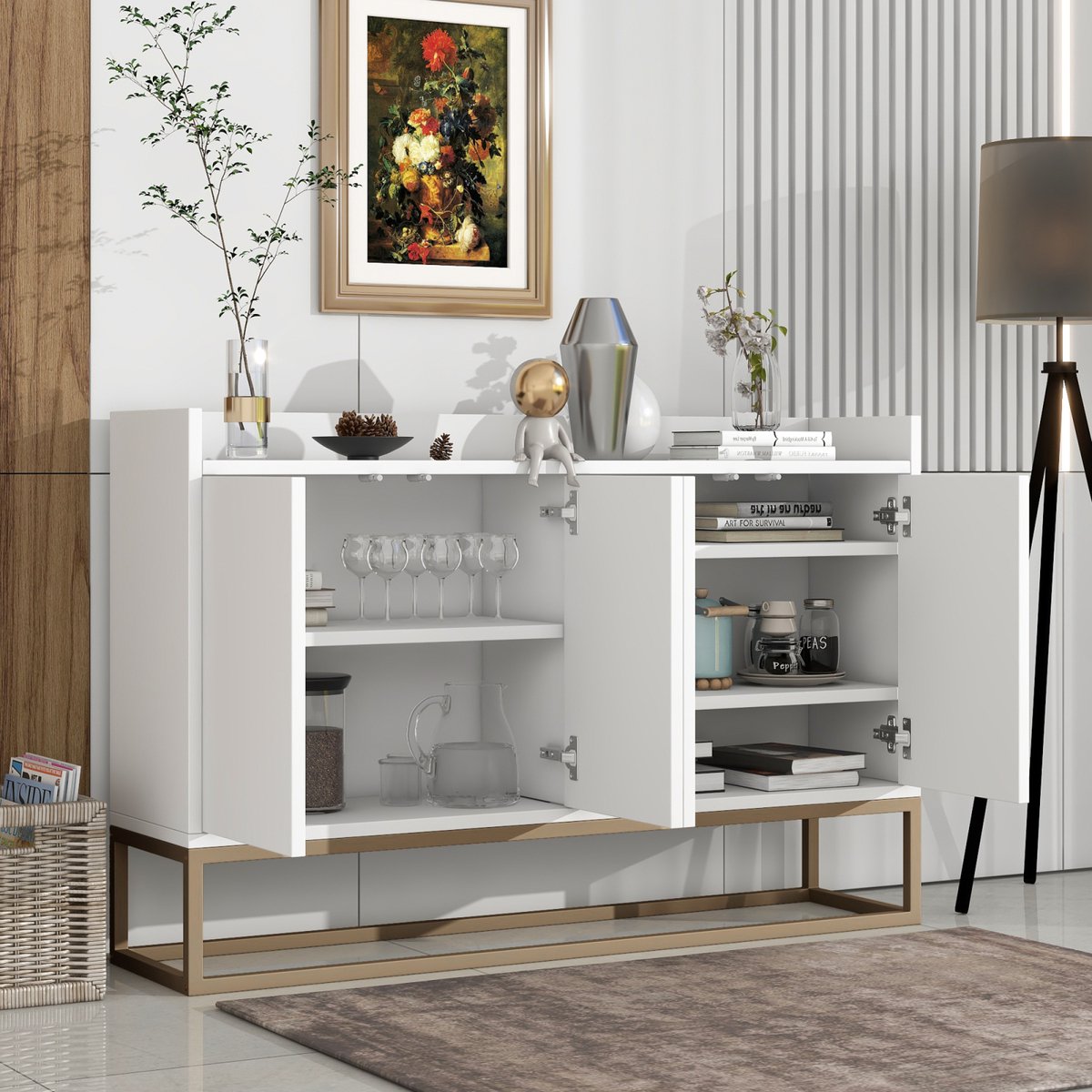 Modern Witte Sideboard 4-Deurs – Greeploos – Minimalistisch Design voor Woonkamer & Keuken