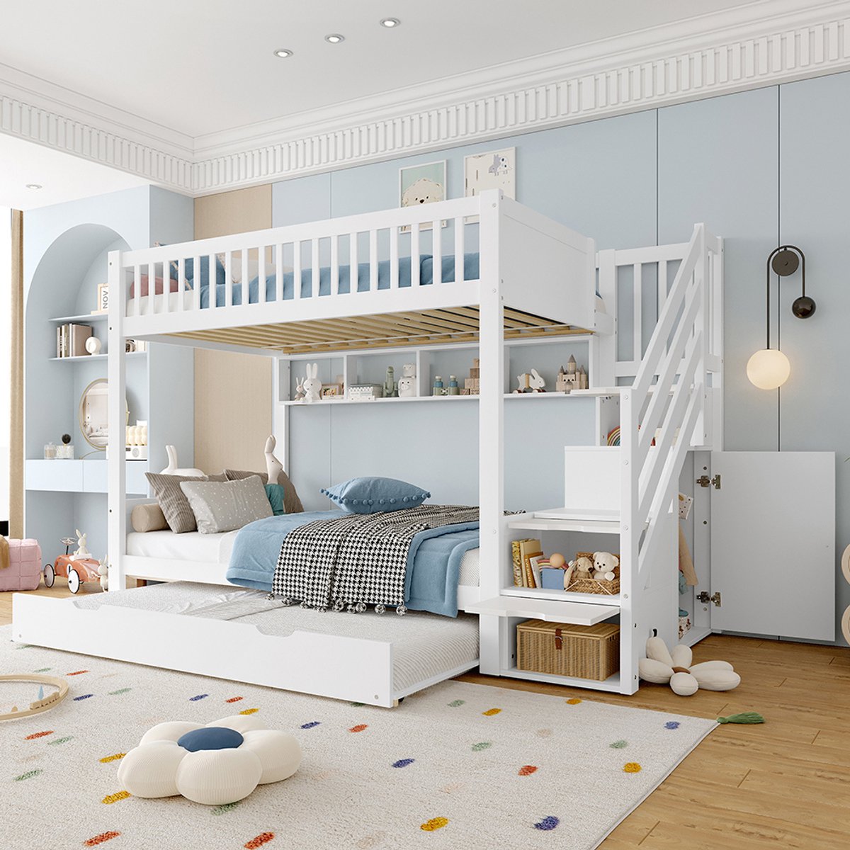 Komhtom Stapelbed (zonder matras), kinderbed, met uitschuifbed, plank, kast, opbergvak, 90 x 200 cm, wit