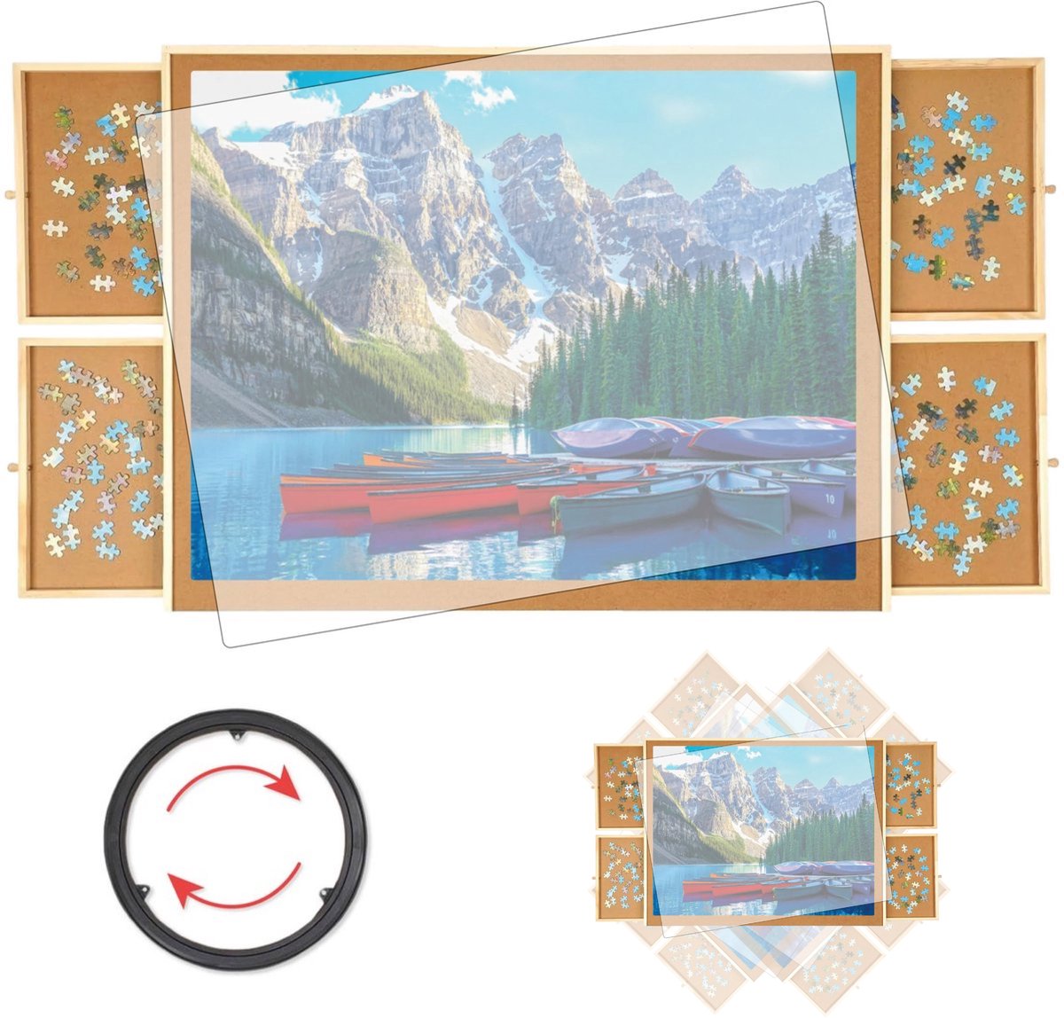 Puzzle - Puzzelbord met Opbergsysteem - 4 lades - 1000 stukjes - Houten - Puzzeltafel - Puzzelplank - Puzzelmap - Portapuzzle - Puzzelplaat