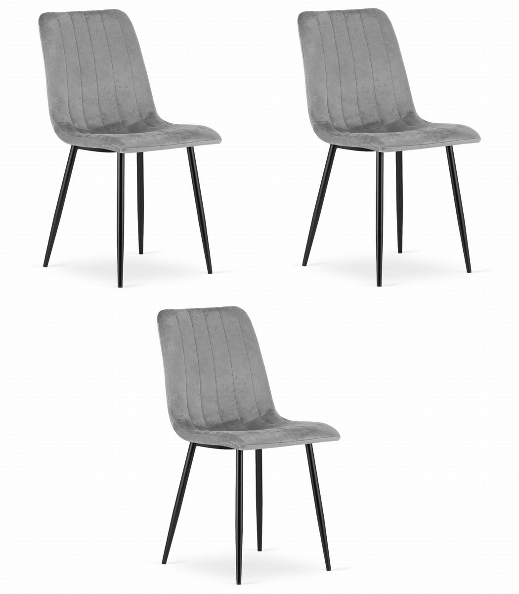 Set van 3 Eetkamerstoelen LAVA - Lichtgrijs - Zwarte Metalen Poten - Velvet Bekleding - Industriële Stijl, Max. 110 kg, Ergonomisch Design, Comfortabele Zitting