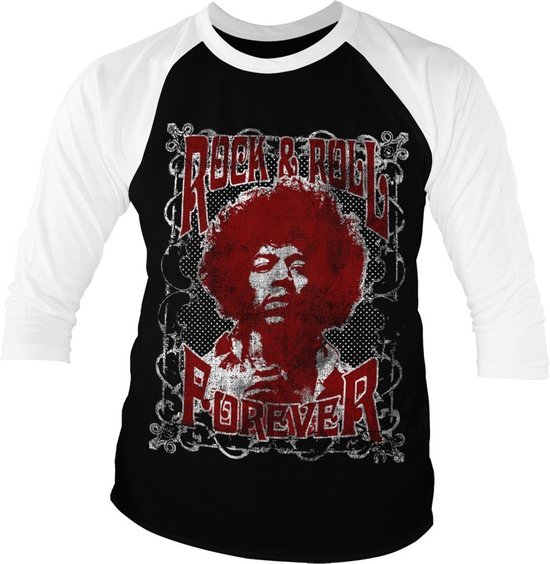 Jimi Hendrix Rock 'n Roll Forever Baseball 3/4 Sleeve Tee T-Shirt White-Black-M