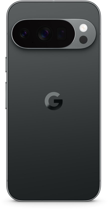 Grijze Google Pixel 10 Pro smartphone, van achteren gezien, met een horizontale camera-balk bovenaan en het Google 'G' logo in het midden.